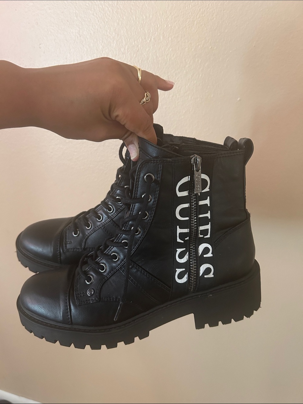 GUESS Black Lace-Up Combat Boots with Side Logo Zipper